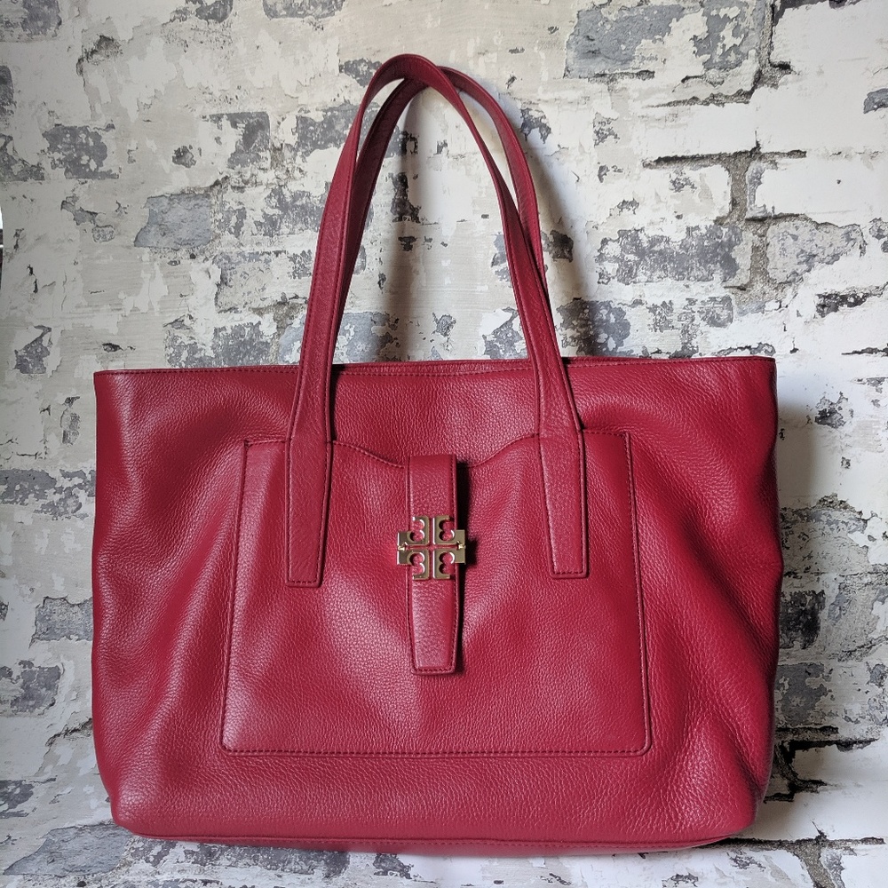 Tory Burch Plaque Red Leather Tote - Picture 1 of 6